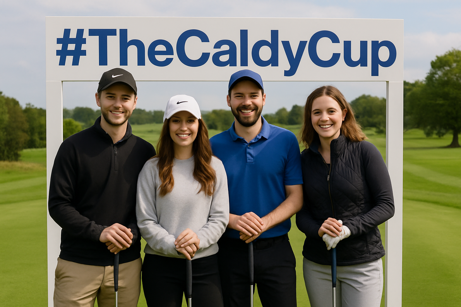 Group of friends posing with golf clubs at TheCaldyCup