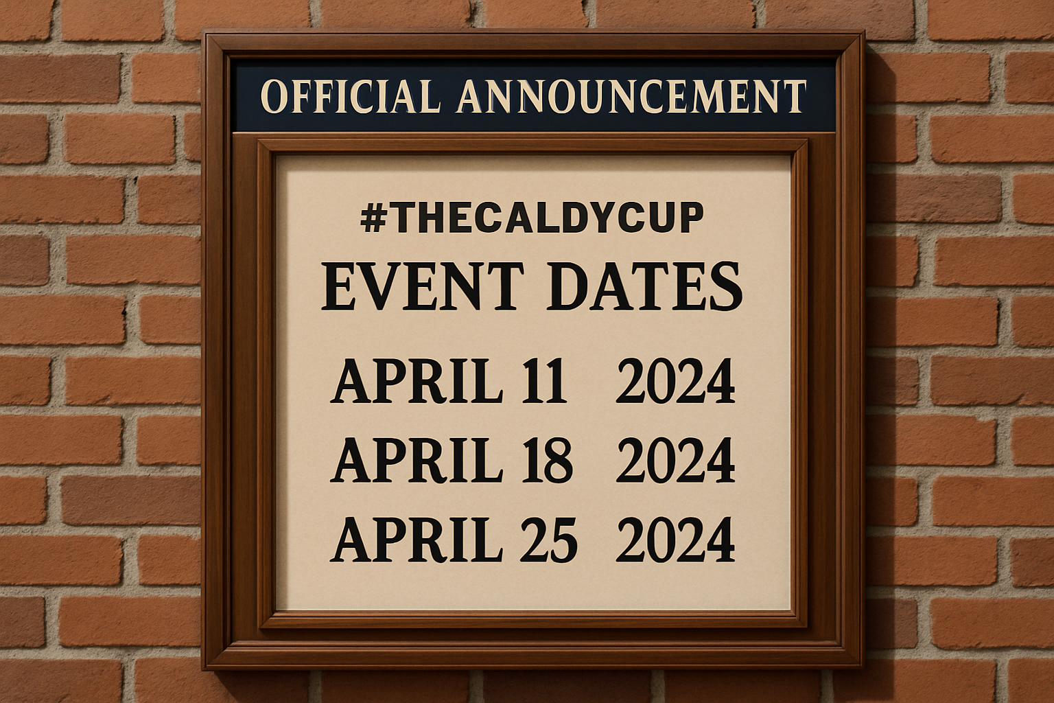 Official announcement board displaying TheCaldyCup event dates